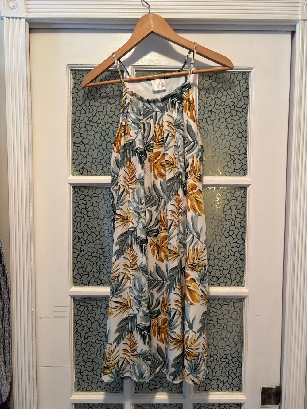 White Floral Halter Midi Dress with Mustard and Sage Leaves